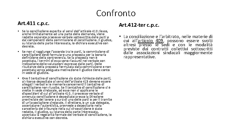 Confronto Art. 411 c. p. c. • Se la conciliazione esperita ai sensi dell’articolo