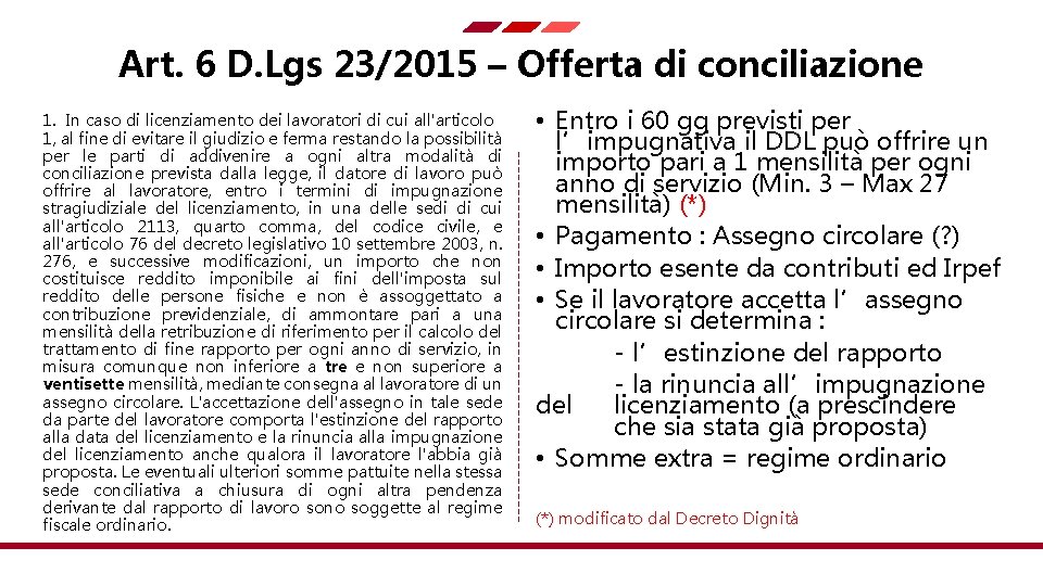 Art. 6 D. Lgs 23/2015 – Offerta di conciliazione 1. In caso di licenziamento