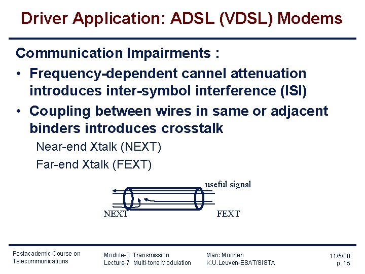 Driver Application: ADSL (VDSL) Modems Communication Impairments : • Frequency-dependent cannel attenuation introduces inter-symbol