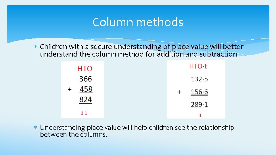 Column methods Children with a secure understanding of place value will better understand the