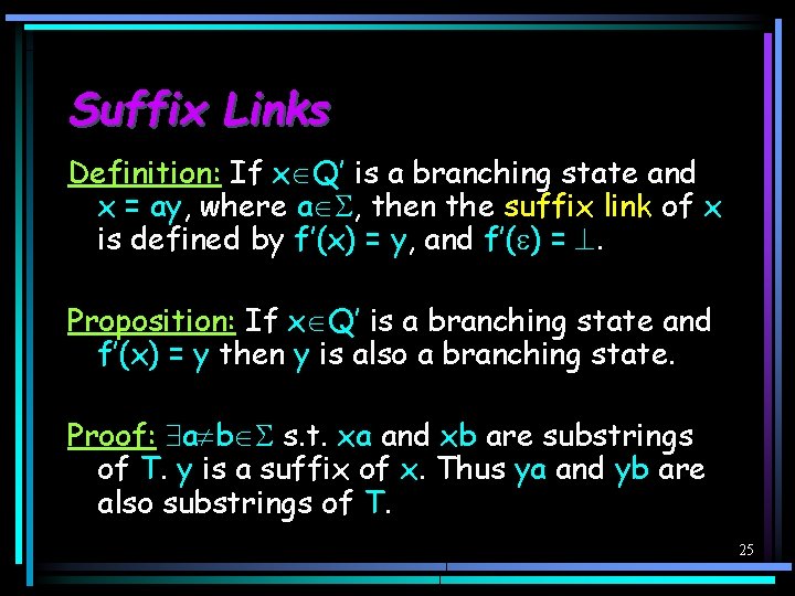 Suffix Links Definition: If x Q’ is a branching state and x = ay,