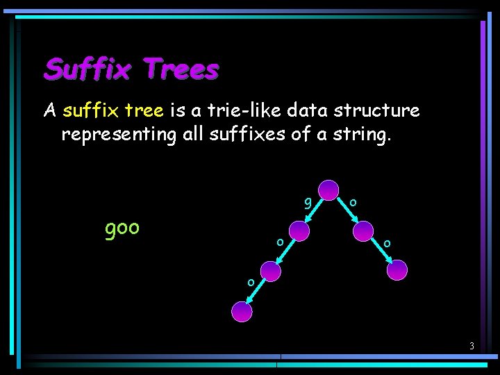 Suffix Trees A suffix tree is a trie-like data structure representing all suffixes of