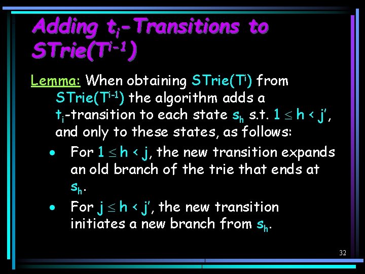 Adding ti-Transitions to STrie(Ti-1) Lemma: When obtaining STrie(Ti) from STrie(Ti-1) the algorithm adds a