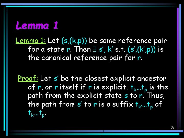 Lemma 1: Let (s, (k, p)) be some reference pair for a state r.