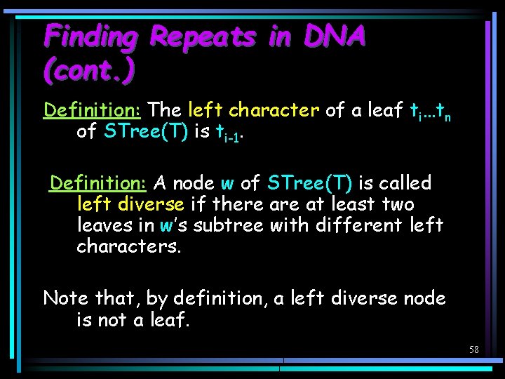 Finding Repeats in DNA (cont. ) Definition: The left character of a leaf ti…tn