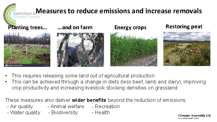 Measures to reduce emissions and increase removals Planting trees… …and on farm Energy crops