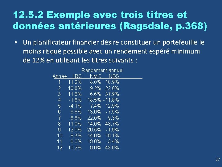 12. 5. 2 Exemple avec trois titres et données antérieures (Ragsdale, p. 368) •