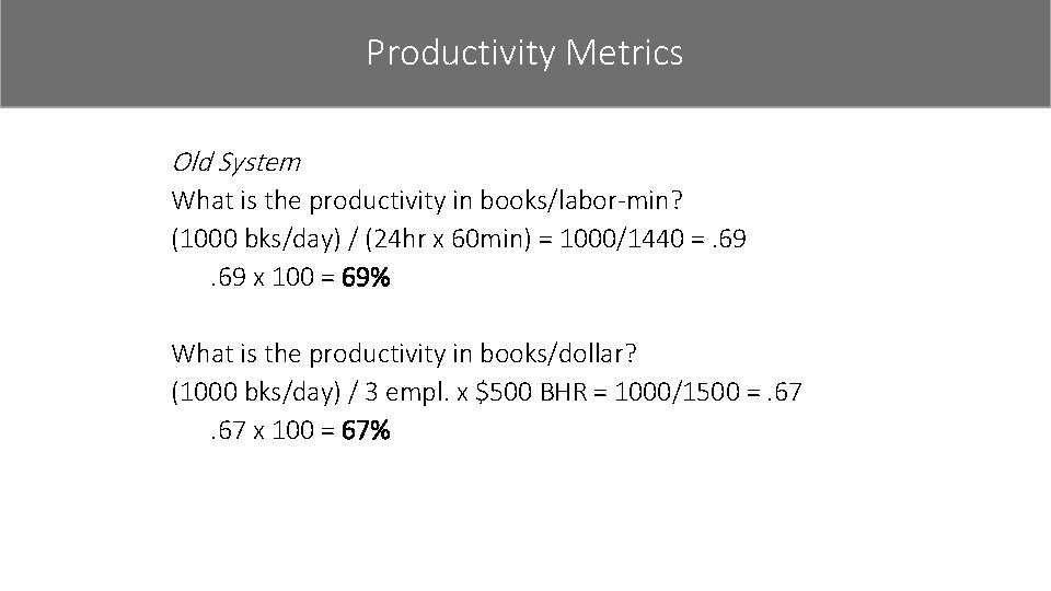 Productivity Metrics Old System What is the productivity in books/labor-min? (1000 bks/day) / (24