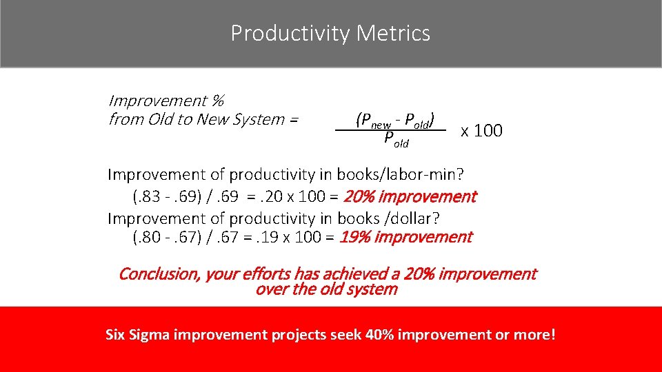 Productivity Metrics Improvement % from Old to New System = (Pnew - Pold) Pold