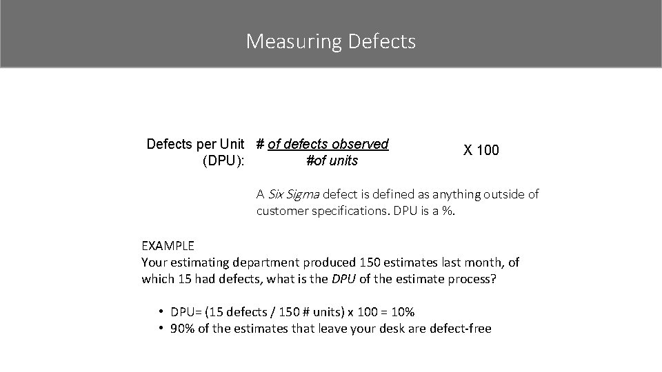 Measuring Defects measure defects Defects per Unit # of defects observed (DPU): #of units