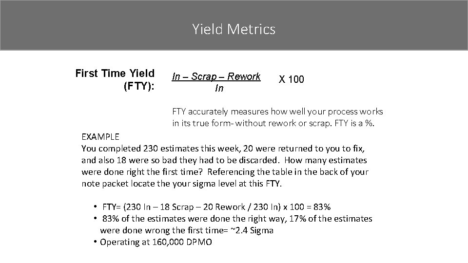 Yield Metrics First Time Yield (FTY): In – Scrap – Rework In X 100