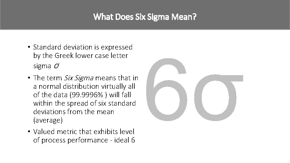 why strive for What Does Six Sigma Mean? six sigma? • Standard deviation is