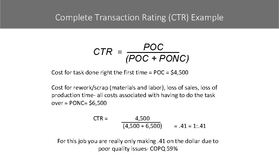 Complete Transaction Rating (CTR) Example POC CTR = (POC + PONC) Cost for task