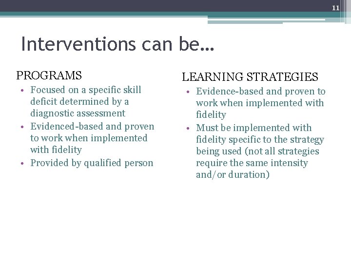 11 Interventions can be… PROGRAMS • Focused on a specific skill deficit determined by