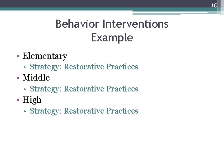 15 Behavior Interventions Example • Elementary ▫ Strategy: Restorative Practices • Middle ▫ Strategy: