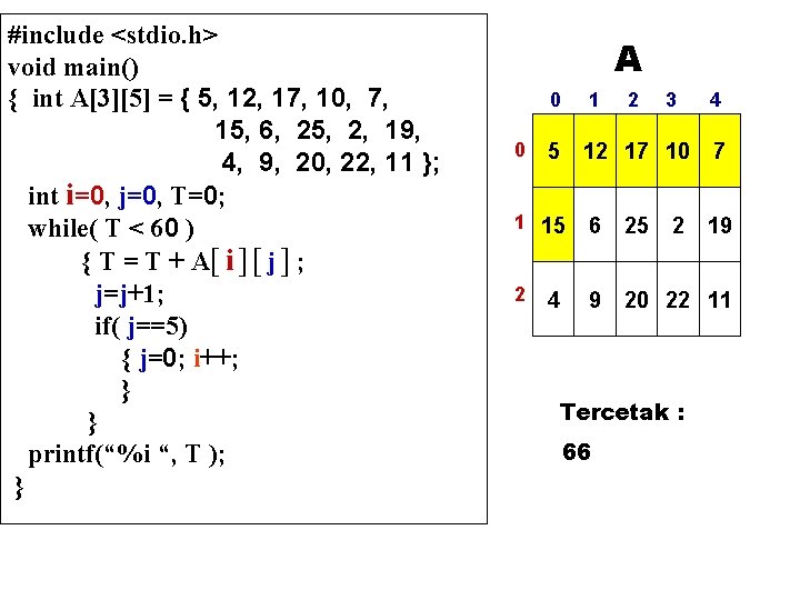 #include <stdio. h> void main() { int A[3][5] = { 5, 12, 17, 10,