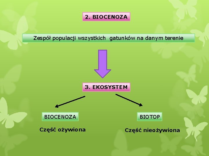 2. BIOCENOZA Zespół populacji wszystkich gatunków na danym terenie 3. EKOSYSTEM BIOCENOZA Część ożywiona