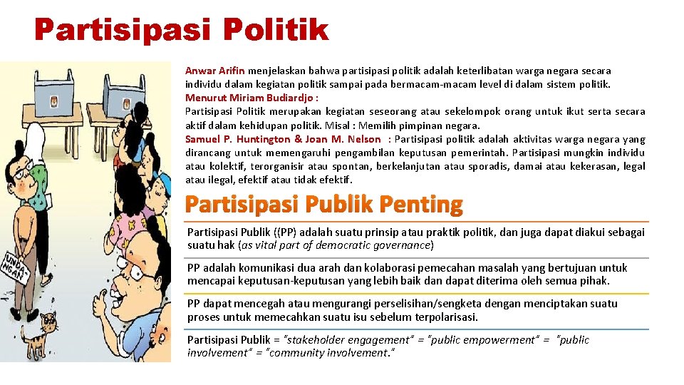 Partisipasi Politik Anwar Arifin menjelaskan bahwa partisipasi politik adalah keterlibatan warga negara secara individu