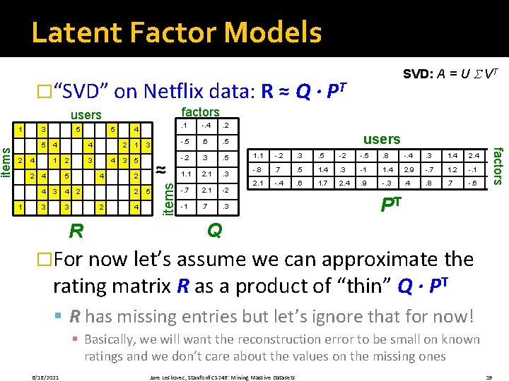 SVD: A = U VT �“SVD” on Netflix data: R ≈ Q · PT
