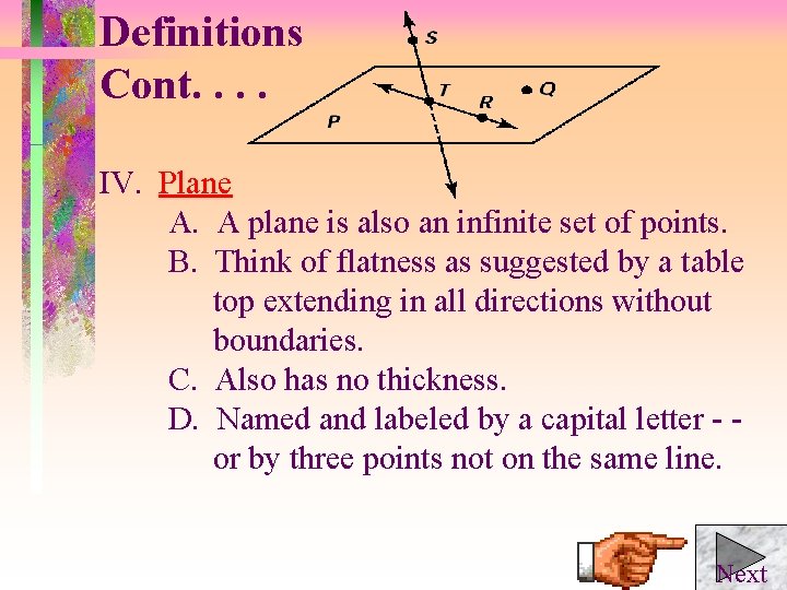 Definitions Cont. . IV. Plane A. A plane is also an infinite set of