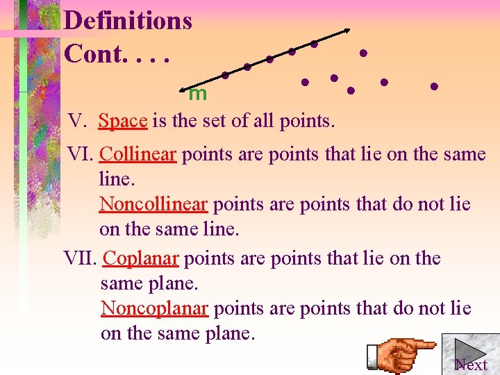  Definitions Cont. . m V. Space is the set of all points. VI.