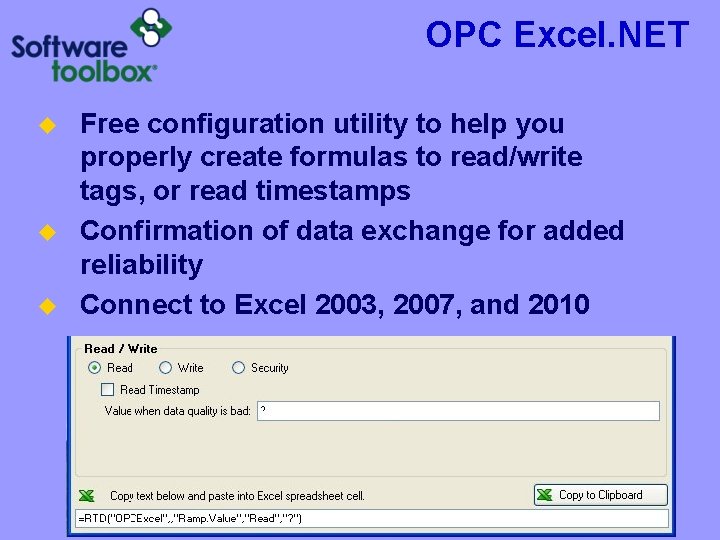 OPC Excel. NET Free configuration utility to help you properly create formulas to read/write OPC Excel. NET Free configuration utility to help you properly create formulas to read/write