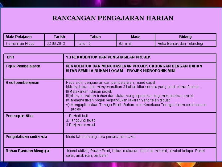 RANCANGAN PENGAJARAN HARIAN Mata Pelajaran Kemahiran Hidup Tarikh 03. 09. 2013 Tahun 5 Masa