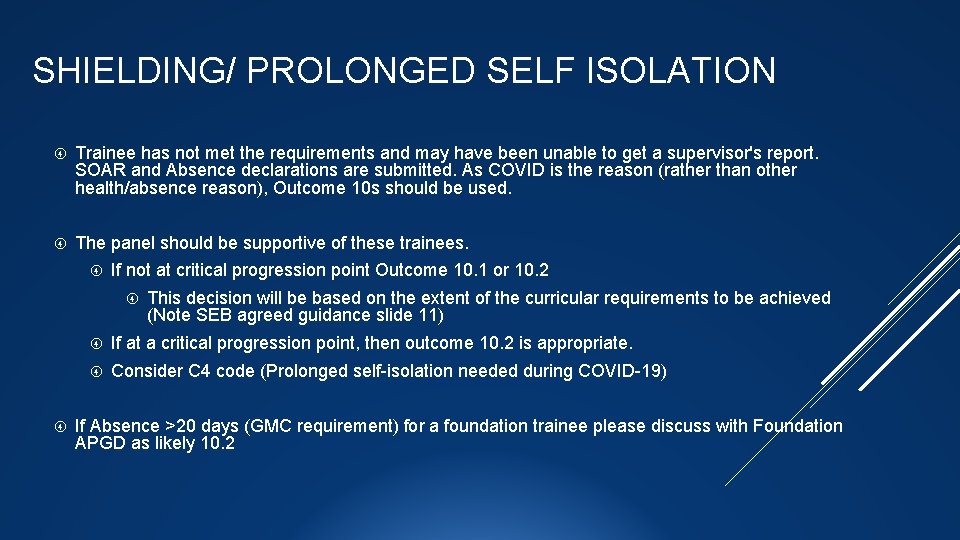 SHIELDING/ PROLONGED SELF ISOLATION Trainee has not met the requirements and may have been