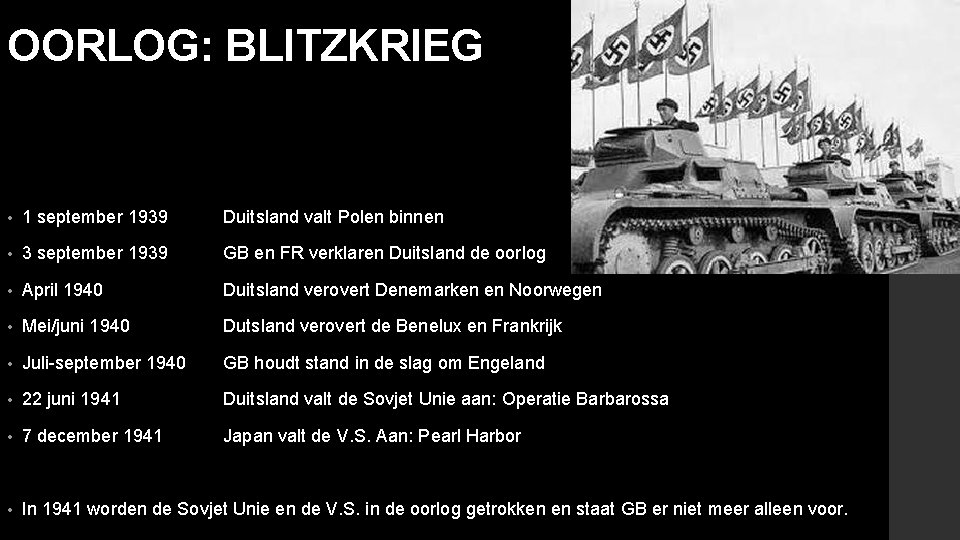 OORLOG: BLITZKRIEG • 1 september 1939 Duitsland valt Polen binnen • 3 september 1939 OORLOG: BLITZKRIEG • 1 september 1939 Duitsland valt Polen binnen • 3 september 1939