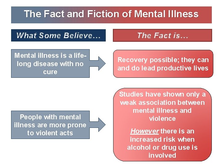 The Fact and Fiction of Mental Illness What Some Believe… Mental illness is a