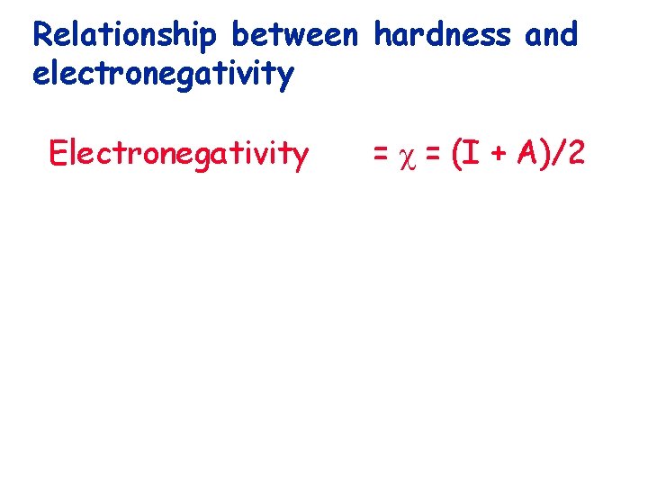 Relationship between hardness and electronegativity Electronegativity = = (I + A)/2 