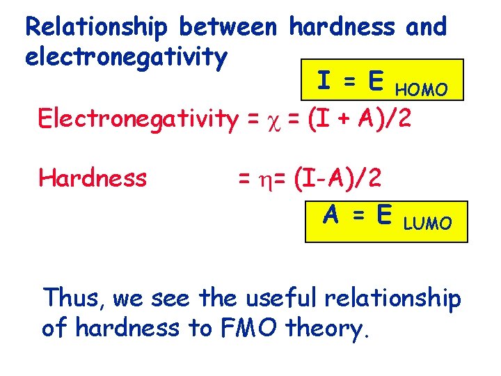 Relationship between hardness and electronegativity I = E HOMO Electronegativity = = (I +