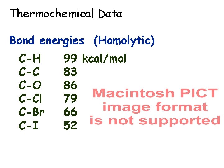 Thermochemical Data Bond energies (Homolytic) C-H C-C C-O C-Cl C-Br C-I 99 kcal/mol 83