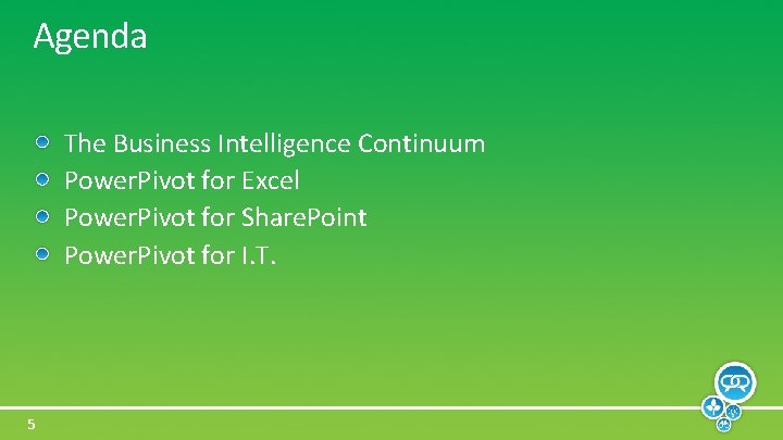 Agenda The Business Intelligence Continuum Power. Pivot for Excel Power. Pivot for Share. Point