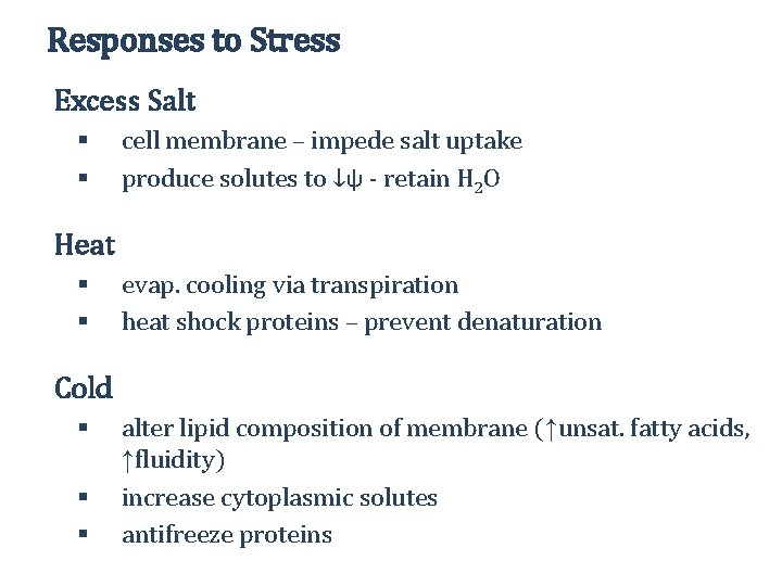 Responses to Stress Excess Salt § § cell membrane – impede salt uptake produce