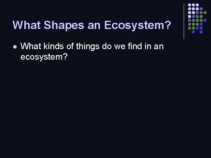 What Shapes an Ecosystem? l What kinds of things do we find in an