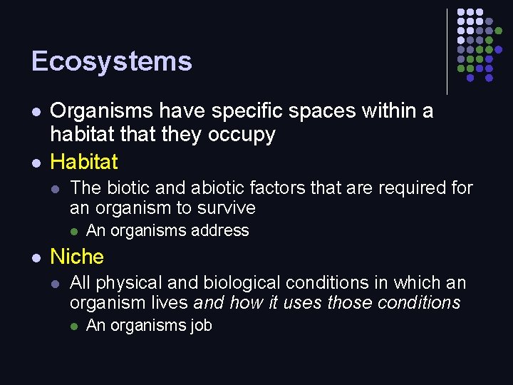Ecosystems l l Organisms have specific spaces within a habitat they occupy Habitat l