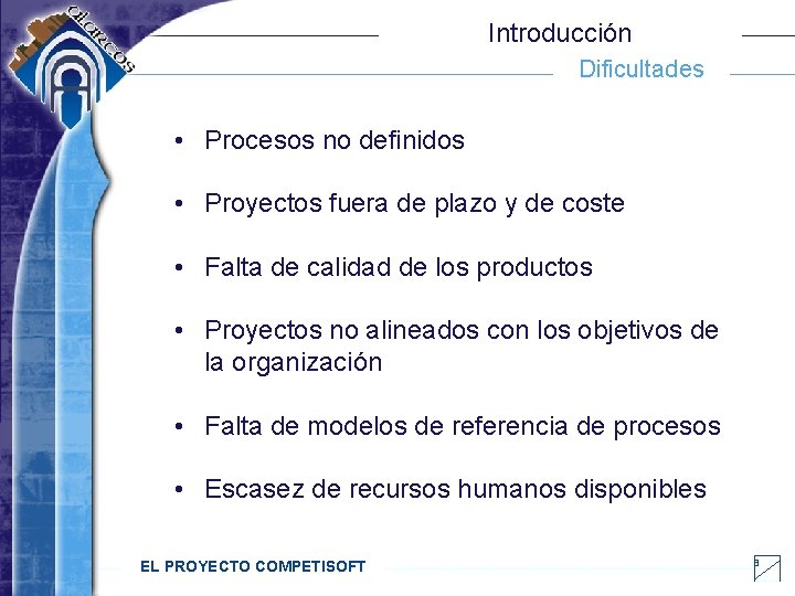 Introducción Dificultades • Procesos no definidos • Proyectos fuera de plazo y de coste