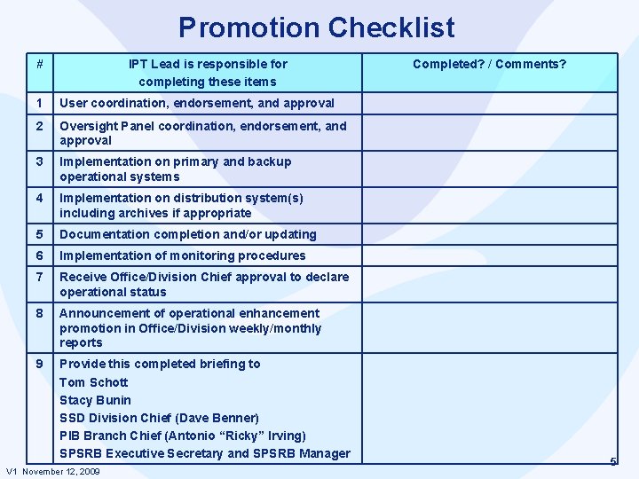 Promotion Checklist # IPT Lead is responsible for completing these items 1 User coordination, Promotion Checklist # IPT Lead is responsible for completing these items 1 User coordination,