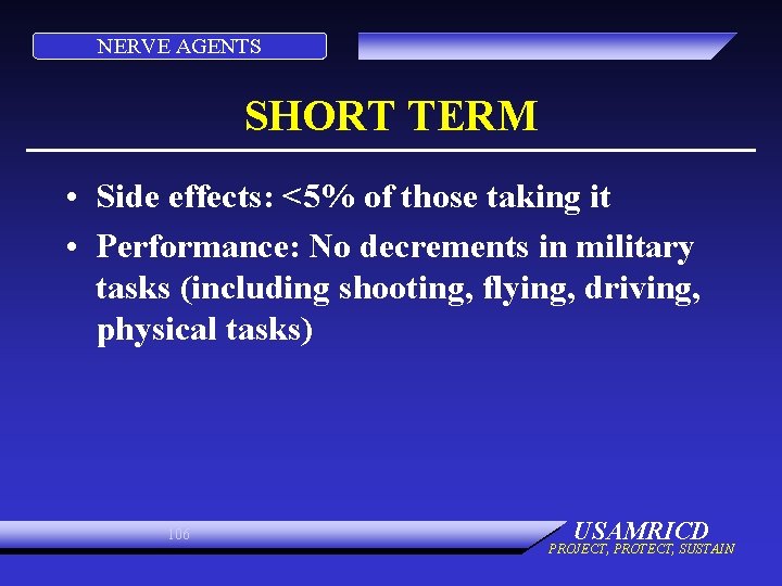 NERVE AGENTS SHORT TERM • Side effects: <5% of those taking it • Performance: