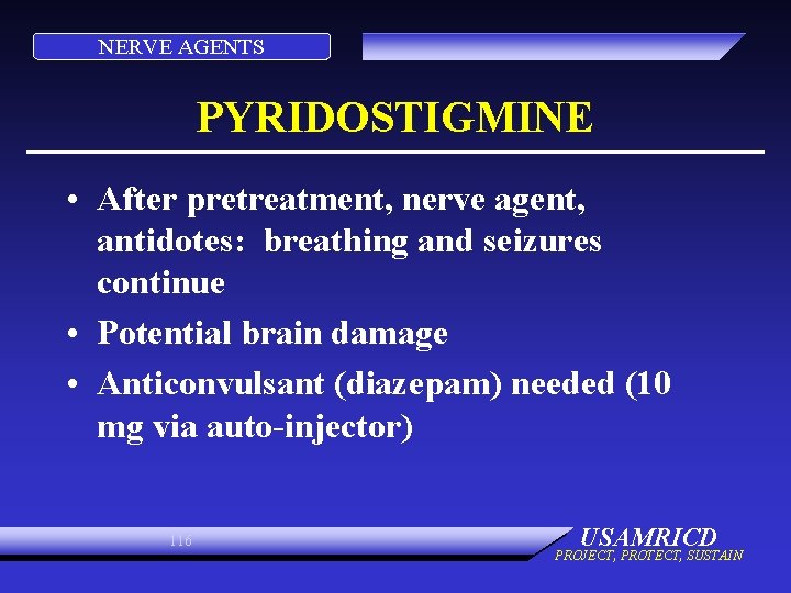 NERVE AGENTS PYRIDOSTIGMINE • After pretreatment, nerve agent, antidotes: breathing and seizures continue •