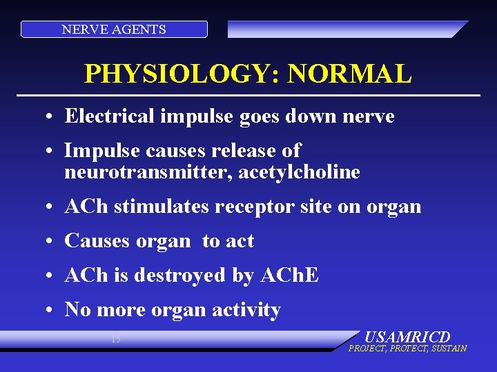 NERVE AGENTS PHYSIOLOGY: NORMAL • Electrical impulse goes down nerve • Impulse causes release