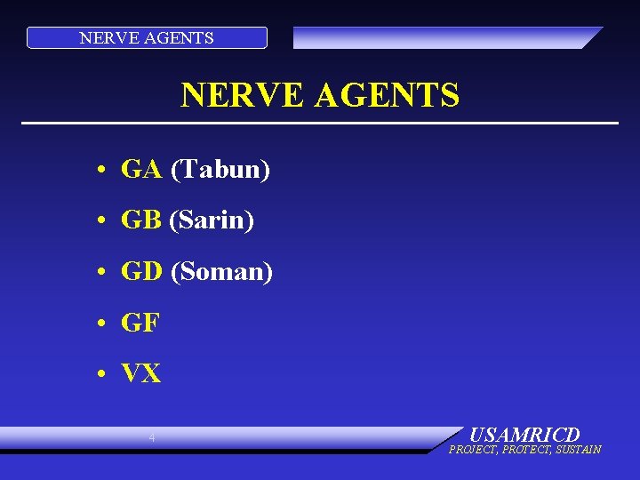 NERVE AGENTS • GA (Tabun) • GB (Sarin) • GD (Soman) • GF •