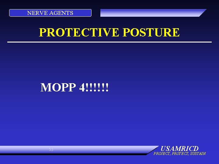 NERVE AGENTS PROTECTIVE POSTURE MOPP 4!!!!!! 53 USAMRICD PROJECT, PROTECT, SUSTAIN 
