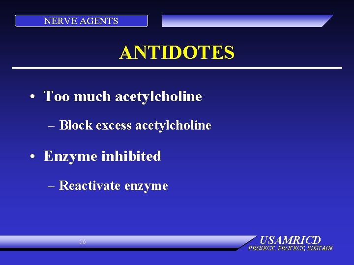NERVE AGENTS ANTIDOTES • Too much acetylcholine – Block excess acetylcholine • Enzyme inhibited