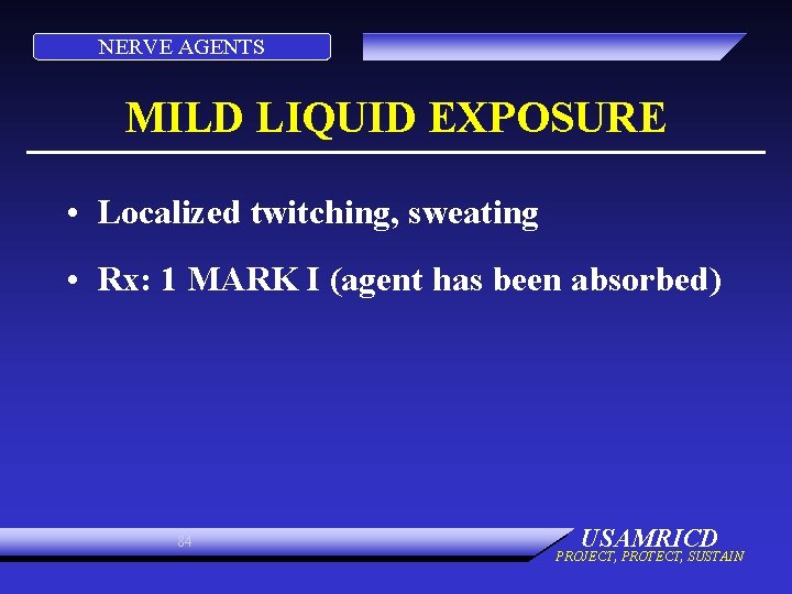 NERVE AGENTS MILD LIQUID EXPOSURE • Localized twitching, sweating • Rx: 1 MARK I