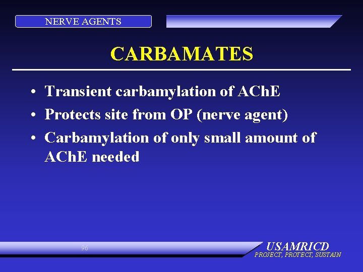 NERVE AGENTS CARBAMATES • Transient carbamylation of ACh. E • Protects site from OP