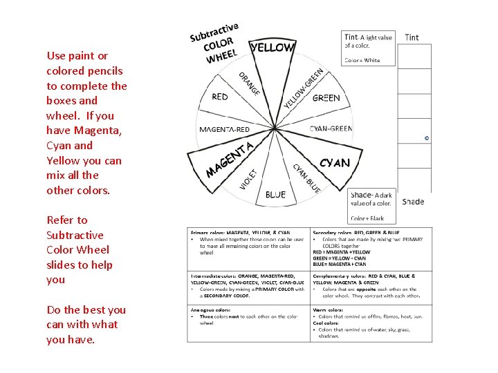Use paint or colored pencils to complete the boxes and wheel. If you have