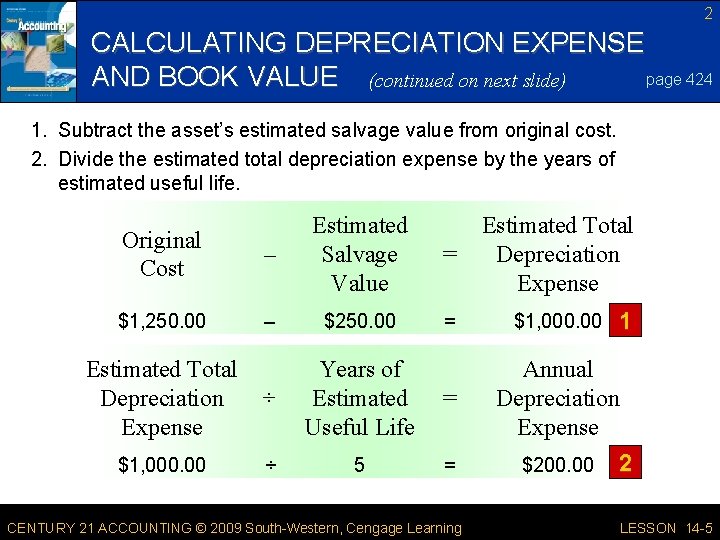 2 CALCULATING DEPRECIATION EXPENSE page 424 AND BOOK VALUE (continued on next slide) 1.
