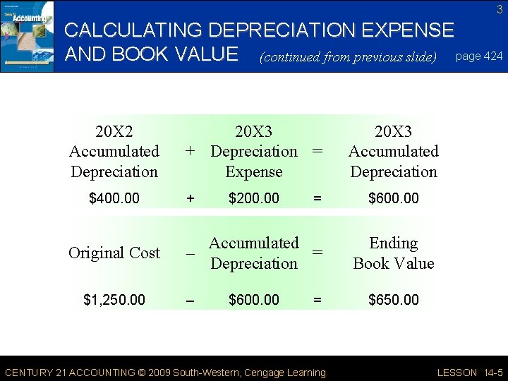 3 CALCULATING DEPRECIATION EXPENSE AND BOOK VALUE (continued from previous slide) page 424 20